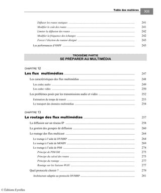 Table des matières
XIII
Diffuser les routes statiques ................................................................................................. 241
Modifier le coût des routes ................................................................................................... 241
Limiter la diffusion des routes .............................................................................................. 242
Modifier la fréquence des échanges ..................................................................................... 242
Forcer l’élection du routeur désigné .................................................................................... 243
Les performances d’OSPF .......................................................................................................... 243
TROISIÈME PARTIE
SE PRÉPARER AU MULTIMÉDIA
CHAPITRE 12
Les flux multimédias .............................................................................................. 247
Les caractéristiques des flux multimédias ......................................................................... 248
Les codec audio .......................................................................................................................... 249
Les codec vidéo .......................................................................................................................... 250
Les problèmes posés par les transmissions audio et vidéo ................................................ 252
Estimation du temps de transit .................................................................................................... 253
Le transport des données multimédias ........................................................................................ 254
CHAPITRE 13
Le routage des flux multimédias .................................................................... 257
La diffusion sur un réseau IP ............................................................................................ 258
La gestion des groupes de diffusion .................................................................................. 260
Le routage des flux multicast ............................................................................................ 264
Le routage à l’aide de DVMRP ......................................................................................... 264
Le routage à l’aide de MOSPF .......................................................................................... 269
Le routage à l’aide de PIM ............................................................................................... 274
Principe de PIM-SM .................................................................................................. 275
Principe du calcul des routes ...................................................................................... 275
Principe du routage ................................................................................................... 277
Routage sur les liaisons WAN ..................................................................................... 277
Quel protocole choisir ? .................................................................................................... 279
Architecture adaptée au protocole DVMRP ........................................................................ 281
© Éditions Eyrolles
 