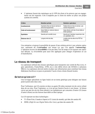 Architecture des réseaux étendus
CHAPITRE 9
169
• L’opérateur fournit des statistiques sur le VPN du client et les preuves que ses engage-
ments ont été respectés. Cela n’empêche pas le client de mettre en place son propre
système de contrôle.
Critère Solution privée Solution opérateur
Investissements Importants (frais de mise en service et
achat des équipements)
Faibles (frais de mise en service) ; pas
d’achat d’équipement
Coûts de fonctionnement Assez faibles en national, élevés à
l’international
Assez élevés (coût des LS plus faible et
forfait opérateur)
Exploitation Assurée par la société (vous) Assurée par l’opérateur (supervision des
LS, exploitation, etc.)
Distances des LS Longues entre les sites Locales entre les sites et les POP de
l’opérateur
Une entreprise a toujours la possibilité de passer d’une solution privée à une solution opéra-
teur, autrement dit d’externaliser son réseau (ce que l’on appelle l’outsourcing).
L’opération inverse (la réversibilité) n’est pas dans l’air du temps et est toujours une opéra-
tion délicate. La réversibilité peut aussi être appliquée pour changer d’opérateur en cas
d’insatisfaction.
Le réseau de transport
Les opérateurs utilisent des réseaux spécifiques pour transporter une variété de flux (voix, li-
gnes spécialisées, Frame-Relay, ATM, etc.) à des débits divers (de 64 Kbit/s à plusieurs
Mbit/s). Les opérateurs doivent mettre en place une infrastructure pour constituer leur réseau
fédérateur (backbone) et pour en permettre l’accès à leurs clients (boucle locale).
Qu’est-ce qu’une LS ?
Une LS (ligne spécialisée ou ligne louée) est un terme générique pour désigner une liaison
point à point entre deux sites.
Pour l’utilisateur, une LS consiste en deux ou quatre fils (plus rarement six) de cuivre reliant
deux de ses sites. Pour l’opérateur, ce n’est qu’une liaison d’accès à son réseau : la liaison
cuivre qui part du site du client aboutit à un multiplexeur qui concentre d’autres LS (issues
d’autres clients) sur des liaisons haut débit en fibre optique.
Les LS reposent sur deux technologies :
• T1 (États-Unis, Canada et Japon) et E1 (reste du monde), qui date des années 60.
• HDSL (High bit rate Digital Subscriber Line), qui date des années 80.
© Éditions Eyrolles
 