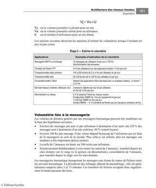 Architecture des réseaux étendus
CHAPITRE 9
181
Vj Vu U= ×
Vj est le volume journalier à calculer pour un site.
Vu est le volume journalier estimé pour un utilisateur.
U est le nombre d’utilisateurs pour un site donné.
Les sections suivantes décrivent les manières d’estimer les volumétries lorsque l’existant est
peu ou pas connu.
Étape 2 — Estimer la volumétrie
Applications Exemples d’estimation de la volumétrie
Messagerie SMTP ou Exchange 10 messages par utilisateur et par jour x 100 Ko
Synchronisation des annuaires
Transfert de fichiers FTP N % des utilisateurs (ou des applications batch) = X Ko par jour
Transactionnelles sites centraux 100 à 200 écrans de 2 ou 4 Ko par utilisateur et par jour
Transactionnelles web 20 à 50 écrans de 4 à 50 Ko par utilisateur et par jour
Conversationnelles Telnet Dépend des applications (faire des tests avec un analyseur réseau) ; un écran =
2 à 4 Ko
Services réseaux (vidéotex, télécopie, etc.) 3 sessions vidéotex par jour et par utilisateur
Un fax de 10 Ko par jour
Administration du réseau 0 à 10 sessions Telnet sur chaque routeur
Configuration SNMP de 1 Ko par équipement et par jour
1 à 50 trap SNMP de 1Ko par jour
Sondes RMON : 1 à 10 transferts de fichiers par jour (plusieurs centaines de Ko)
Volumétrie liée à la messagerie
Les volumes de données générés par une messagerie bureautique peuvent être modélisés sur
la base des hypothèses suivantes :
• Environ dix messages par jour et par utilisateur à destination d’un autre site (20 % des
messages sont à destination d’un site extérieur, 80 % restent locaux).
• Environ 100 Ko par message. Cette valeur dépend beaucoup de l’utilisation qui est faite
de la messagerie au sein de la société. Plus celle-ci est utilisée, plus les messages ont
tendance à être importants (pièces jointes).
• La taille de l’annuaire est basée sur 100 octets par utilisateur.
• Synchronisation hebdomadaire (voire toutes les nuits) de l’annuaire : transfert depuis les
sites distants vers le siège (si la gestion est décentralisée), consolidation de l’annuaire,
puis transfert depuis le siège vers les sites distants.
Les messageries bureautique transportent les messages sous forme de copies de fichiers entre
les serveurs bureautique. La périodicité des échanges dépend du paramétrage ; elle est géné-
ralement comprise entre 5 et 15 minutes. Ces transferts de fichiers occupent donc régulière-
ment la bande passante des liens.
© Éditions Eyrolles
 