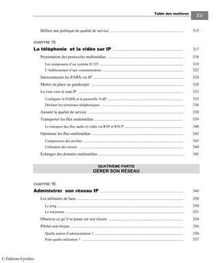 Table des matières
XV
Définir une politique de qualité de service ........................................................................ 315
CHAPITRE 15
La téléphonie et la vidéo sur IP ..................................................................... 317
Présentation des protocoles multimédias .......................................................................... 318
Les composants d’un système H.323 ................................................................................. 319
L’établissement d’une communication ............................................................................... 322
Interconnecter les PABX via IP ........................................................................................ 324
Mettre en place un gatekeeper .......................................................................................... 328
La voie vers le tout IP ....................................................................................................... 333
Configurer le PABX et la passerelle VoIP .......................................................................... 335
Déclarer les terminaux téléphoniques ................................................................................ 336
Assurer la qualité de service ............................................................................................. 338
Transporter les flux multimédias ....................................................................................... 339
Le transport des flux audio et vidéo via RTP et RTCP ......................................................... 340
Optimiser les flux multimédias ......................................................................................... 343
Compression des en-têtes ................................................................................................. 343
Utilisation des mixers ...................................................................................................... 344
Échanger des données multimédias ................................................................................... 345
QUATRIÈME PARTIE
GÉRER SON RÉSEAU
CHAPITRE 16
Administrer son réseau IP ................................................................................. 349
Les utilitaires de base ........................................................................................................ 350
Le ping ........................................................................................................................... 350
Le traceroute ................................................................................................................... 351
Observer ce qu’il se passe sur son réseau ......................................................................... 354
Piloter son réseau .............................................................................................................. 356
Quelle station d’administration ? ....................................................................................... 356
Pour quelle utilisation ? ................................................................................................... 357
© Éditions Eyrolles
 