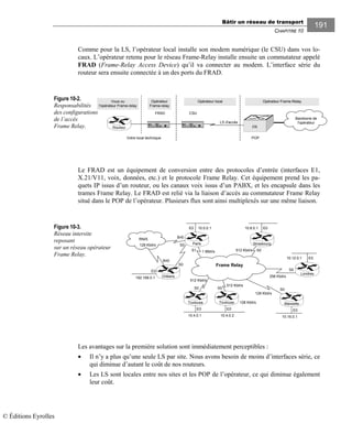 Bâtir un réseau de transport
CHAPITRE 10
191
Comme pour la LS, l’opérateur local installe son modem numérique (le CSU) dans vos lo-
caux. L’opérateur retenu pour le réseau Frame-Relay installe ensuite un commutateur appelé
FRAD (Frame-Relay Access Device) qu’il va connecter au modem. L’interface série du
routeur sera ensuite connectée à un des ports du FRAD.
Figure 10-2.
Responsabilités
des configurations
de l’accès
Frame Relay.
Le FRAD est un équipement de conversion entre des protocoles d’entrée (interfaces E1,
X.21/V11, voix, données, etc.) et le protocole Frame Relay. Cet équipement prend les pa-
quets IP issus d’un routeur, ou les canaux voix issus d’un PABX, et les encapsule dans les
trames Frame Relay. Le FRAD est relié via la liaison d’accès au commutateur Frame Relay
situé dans le POP de l’opérateur. Plusieurs flux sont ainsi multiplexés sur une même liaison.
Figure 10-3.
Réseau intersite
reposant
sur un réseau opérateur
Frame Relay.
Les avantages sur la première solution sont immédiatement perceptibles :
• Il n’y a plus qu’une seule LS par site. Nous avons besoin de moins d’interfaces série, ce
qui diminue d’autant le coût de nos routeurs.
• Les LS sont locales entre nos sites et les POP de l’opérateur, ce qui diminue également
leur coût.
LS d'accès
FRAD CSU
FR
Opérateur
Frame-relay
Opérateur local
Routeur
Backbone de
l'opérateur
Opérateur Frame-Relay
POPVotre local technique
Vous ou
l'opérateur Frame-relay
E0E0E0
E0
192.168.0.1
512 Kbit/s
128 Kbit/s
10.0.0.1E0 E0
S1
RNIS
S0
Bri0
S0
Bri0
S0
512 Kbit/s
512 Kbit/s
S0S0 S0
10.16.0.1
E0
128 Kbit/s
10.12.0.1
256 Kbit/s
10.8.0.1
10.4.0.1 10.4.0.2
Orléans
S0
Frame Relay
1 Mbit/s
128 Kbit/s
Strasbourg
Londres
MarseilleToulouseToulouse
Paris
© Éditions Eyrolles
 