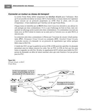 Interconnecter ses réseaux
194
Connecter un routeur au réseau de transport
La norme Frame Relay définit uniquement une interface d’accès pour l’utilisateur. Bien
qu’il soit possible de réaliser un réseau 100 % Frame-Relay, le réseau interne de l’opérateur
repose souvent sur un protocole propriétaire ou ATM. Pour le client, cela n’a pas
d’importance : il faut simplement que l’interface soit de type Frame Relay.
Chaque trame est identifiée par un DLCI (Data Link Connection Identifier), une adresse lo-
cale partagée par deux commutateurs. Il n’y a pas d’adressage de bout en bout, mais uni-
quement un adressage point à point entre deux commutateurs. Un commutateur recevant une
trame avec un DLCI donné la routera sur un autre port et l’enverra avec un autre DLCI, et
ainsi de suite.
La connexion entre deux commutateurs s’effectue par l’ouverture de circuits virtuels perma-
nents (PVC, Permanent Virtual Circuit) ou commutés (SVC, Switched Virtual Circuit),
c’est-à-dire ouverts à la demande via un protocole de signalisation (qui utilise quelques
Kbit/s dans le DLCI 0).
L’intérêt des SVC est que la qualité de service (CIR et EIR) peut être spécifiée à la demande
permettant ainsi de réduire (encore) les coûts. Sur un PVC, le CIR est fixé une fois pour
toutes et engendre un coût fixe. De plus, la signalisation Q.933 utilisée pour établir les SVC
permet de demander un délai de transit maximal, alors que cette fonction n’est pas prévue
pour les PVC.
Figure 10-5.
Circuits virtuels et DLCI
Frame Relay.
DLCI 40
DLCI 500
DLCI 40
DLCI 200
DLCI 50
DLCI 60
FR
FRFR
FR
Reroutage du DLCI en cas
de problème sur une liaison.
PVC ou SVC
PVC ou SVC
Un DLCI par application : un pour le
routeur, un pour le PABX, etc. ou un
par protocole (IP, IPX, Decnet, etc.).
Routeur
PABX
DLCI 200
DLCI 300
© Éditions Eyrolles
 
