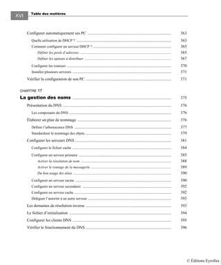 Table des matières
XVI
Configurer automatiquement ses PC ................................................................................. 363
Quelle utilisation de DHCP ? ............................................................................................ 363
Comment configurer un serveur DHCP ? ............................................................................ 365
Définir les pools d’adresses ........................................................................................ 365
Définir les options à distribuer .................................................................................... 367
Configurer les routeurs ..................................................................................................... 370
Installer plusieurs serveurs ................................................................................................ 371
Vérifier la configuration de son PC ................................................................................... 371
CHAPITRE 17
La gestion des noms ................................................................................................ 375
Présentation du DNS ......................................................................................................... 376
Les composants du DNS ................................................................................................... 376
Élaborer un plan de nommage ........................................................................................... 376
Définir l’arborescence DNS .............................................................................................. 377
Standardiser le nommage des objets ................................................................................... 379
Configurer les serveurs DNS ............................................................................................. 381
Configurer le fichier cache ................................................................................................ 384
Configurer un serveur primaire .......................................................................................... 385
Activer la résolution de nom ........................................................................................ 388
Activer le routage de la messagerie .............................................................................. 389
Du bon usage des alias ............................................................................................... 390
Configurer un serveur racine ............................................................................................. 390
Configurer un serveur secondaire ...................................................................................... 392
Configurer un serveur cache .............................................................................................. 392
Déléguer l’autorité à un autre serveur ................................................................................. 393
Les domaines de résolution inverse ................................................................................... 393
Le fichier d’initialisation ................................................................................................... 394
Configurer les clients DNS ................................................................................................ 395
Vérifier le fonctionnement du DNS ................................................................................... 396
© Éditions Eyrolles
 