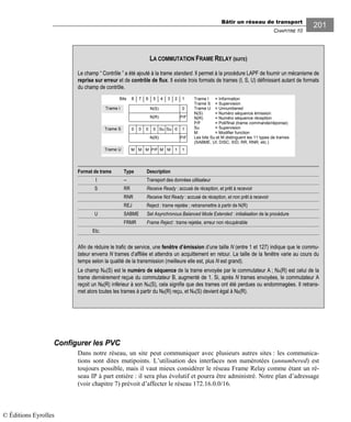 Bâtir un réseau de transport
CHAPITRE 10
201
Configurer les PVC
Dans notre réseau, un site peut communiquer avec plusieurs autres sites : les communica-
tions sont dites mutipoints. L’utilisation des interfaces non numérotées (unnumbered) est
toujours possible, mais il vaut mieux considérer le réseau Frame Relay comme étant un ré-
seau IP à part entière : il sera plus évolutif et pourra être administré. Notre plan d’adressage
(voir chapitre 7) prévoit d’affecter le réseau 172.16.0.0/16.
LA COMMUTATION FRAME RELAY (SUITE)
Le champ “ Contrôle ” a été ajouté à la trame standard. Il permet à la procédure LAPF de fournir un mécanisme de
reprise sur erreur et de contrôle de flux. Il existe trois formats de trames (I, S, U) définissant autant de formats
du champ de contrôle.
N(S)
8 7 6 5 4 3 2 1
N(R)
0
P/F
Bits Trame I = Information
Trame S = Supervision
Trame U = Unnumbered
N(S) = Numéro séquence émission
N(R) = Numéro séquence réception
P/F = Poll/final (trame commande/réponse)
Su = Supervision
M = Modifier function
Les bits Su et M distinguent les 11 types de trames
(SABME, UI, DISC, XID, RR, RNR, etc.)
Trame I
N(R)
1
P/F
Trame S 0 0 0 0 0
1Trame U M M M M M 1P/F
SuSu
Format de trame Type Description
I -- Transport des données utilisateur
S RR Receive Ready : accusé de réception, et prêt à recevoir
RNR Receive Not Ready : accusé de réception, et non prêt à recevoir
REJ Reject : trame rejetée ; retransmettre à partir de N(R)
U SABME Set Asynchronous Balanced Mode Extended : initialisation de la procédure
FRMR Frame Reject : trame rejetée, erreur non récupérable
Etc.
Afin de réduire le trafic de service, une fenêtre d’émission d’une taille N (entre 1 et 127) indique que le commu-
tateur enverra N trames d’affilée et attendra un acquittement en retour. La taille de la fenêtre varie au cours du
temps selon la qualité de la transmission (meilleure elle est, plus N est grand).
Le champ NA(S) est le numéro de séquence de la trame envoyée par le commutateur A ; NA(R) est celui de la
trame dernièrement reçue du commutateur B, augmenté de 1. Si, après N trames envoyées, le commutateur A
reçoit un NB(R) inférieur à son NA(S), cela signifie que des trames ont été perdues ou endommagées. Il retrans-
met alors toutes les trames à partir du NB(R) reçu, et NA(S) devient égal à NB(R).
© Éditions Eyrolles
 