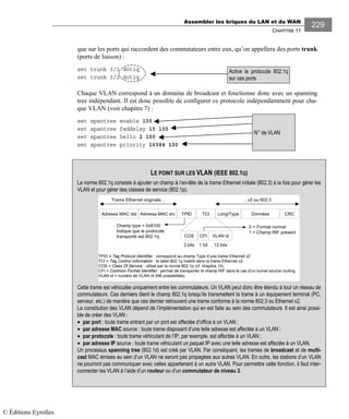 Assembler les briques du LAN et du WAN
CHAPITRE 11
229
que sur les ports qui raccordent des commutateurs entre eux, qu’on appellera des ports trunk
(ports de liaison) :
set trunk 3/1 dot1q
set trunk 3/2 dot1q
Chaque VLAN correspond à un domaine de broadcast et fonctionne donc avec un spanning
tree indépendant. Il est donc possible de configurer ce protocole indépendamment pour cha-
que VLAN (voir chapitre 7) :
set spantree enable 100
set spantree fwddelay 15 100
set spantree hello 2 100
set spantree priority 16384 100
Active le protocole 802.1q
sur ces ports
N° de VLAN
LE POINT SUR LES VLAN (IEEE 802.1Q)
La norme 802.1q consiste à ajouter un champ à l’en-tête de la trame Ethernet initiale (802.3) à la fois pour gérer les
VLAN et pour gérer des classes de service (802.1p).
CRCAdresse MAC dst TCI Long/TypeAdresse MAC src TPID Données
Trame Ethernet originale…
COS VLAN idCFI
3 bits 1 bit 12 bits
0 = Format normal
1 = Champ RIF présent
Champ type = 0x8100
Indique que le protocole
transporté est 802.1q.
TPID = Tag Protocol Identifier : correspond au champ Type d’une trame Ethernet v2
TCI = Tag Control Information : le label 802.1q inséré dans la trame Ethernet v2
COS = Class Of Service : utilisé par la norme 802.1p (cf. chapitre 14)
CFI = Common Format Identifier : permet de transporter le champ RIF dans le cas d’un tunnel source routing
VLAN id = numéro de VLAN (4 096 possibilités)
…v2 ou 802.3
Cette trame est véhiculée uniquement entre les commutateurs. Un VLAN peut donc être étendu à tout un réseau de
commutateurs. Ces derniers ôtent le champ 802.1q lorsqu’ils transmettent la trame à un équipement terminal (PC,
serveur, etc.) de manière que ces dernier retrouvent une trame conforme à la norme 802.3 ou Ethernet v2.
La constitution des VLAN dépend de l’implémentation qui en est faite au sein des commutateurs. Il est ainsi possi-
ble de créer des VLAN :
• par port : toute trame entrant par un port est affectée d’office à un VLAN ;
• par adresse MAC source : toute trame disposant d’une telle adresse est affectée à un VLAN ;
• par protocole : toute trame véhiculant de l’IP, par exemple, est affectée à un VLAN ;
• par adresse IP source : toute trame véhiculant un paquet IP avec une telle adresse est affectée à un VLAN.
Un processus spanning tree (802.1d) est créé par VLAN. Par conséquent, les trames de broadcast et de multi-
cast MAC émises au sein d’un VLAN ne seront pas propagées aux autres VLAN. En outre, les stations d’un VLAN
ne pourront pas communiquer avec celles appartenant à un autre VLAN. Pour permettre cette fonction, il faut inter-
connecter les VLAN à l’aide d’un routeur ou d’un commutateur de niveau 3.
© Éditions Eyrolles
 