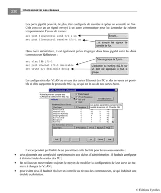 Interconnecter ses réseaux
230
Les ports gigabit peuvent, de plus, être configurés de manière à opérer un contrôle de flux.
Cela consiste en un signal envoyé à un autre commutateur pour lui demander de ralentir
temporairement l’envoi de trames :
set port flowcontrol send 0/0-1 on
set port flowcontrol receive 0/0-1 on
Dans notre architecture, il est également prévu d’agréger deux liens gigabit entre les deux
commutateurs fédérateurs :
set vlan 100 2/0-1
set port channel 2/0-1 desirable
set trunk 2/0 desirable dot1q
La configuration des VLAN au niveau des cartes Ethernet des PC et des serveurs est possi-
ble si elles supportent le protocole 802.1q, ce qui est le cas de nos cartes 3com.
Active la prise en compte des
VLAN par la carte (norme 802.1q).
Les autres paramètres concernent la
qualité de service (cf. Chapitre 14).
Il est cependant préférable de ne pas utiliser cette facilité pour les raisons suivantes :
• cela ajouterait une complexité supplémentaire aux tâches d’administration : il faudrait configurer
à distance toutes les cartes des PC ;
• les utilisateurs trouveraient toujours le moyen de modifier la configuration de leur carte de ma-
nière à changer de VLAN ;
• pour éviter cela, il faudrait réaliser un contrôle au niveau des commutateurs, ce qui induirait une
double exploitation.
Envoie…
…et accepte les signaux de
contrôle de flux.
Crée un groupe de 2 ports
L’activation du trunking 802.1q sur
un port est appliquée à tout le
groupe.
© Éditions Eyrolles
 