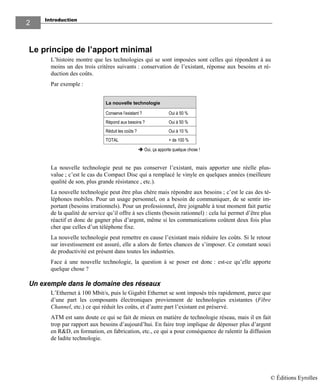 Introduction
2
Le principe de l’apport minimal
L’histoire montre que les technologies qui se sont imposées sont celles qui répondent à au
moins un des trois critères suivants : conservation de l’existant, réponse aux besoins et ré-
duction des coûts.
Par exemple :
La nouvelle technologie
Conserve l’existant ? Oui à 50 %
Répond aux besoins ? Oui à 50 %
Réduit les coûts ? Oui à 10 %
TOTAL + de 100 %
Oui, ça apporte quelque chose !
La nouvelle technologie peut ne pas conserver l’existant, mais apporter une réelle plus-
value ; c’est le cas du Compact Disc qui a remplacé le vinyle en quelques années (meilleure
qualité de son, plus grande résistance , etc.).
La nouvelle technologie peut être plus chère mais répondre aux besoins ; c’est le cas des té-
léphones mobiles. Pour un usage personnel, on a besoin de communiquer, de se sentir im-
portant (besoins irrationnels). Pour un professionnel, être joignable à tout moment fait partie
de la qualité de service qu’il offre à ses clients (besoin rationnel) : cela lui permet d’être plus
réactif et donc de gagner plus d’argent, même si les communications coûtent deux fois plus
cher que celles d’un téléphone fixe.
La nouvelle technologie peut remettre en cause l’existant mais réduire les coûts. Si le retour
sur investissement est assuré, elle a alors de fortes chances de s’imposer. Ce constant souci
de productivité est présent dans toutes les industries.
Face à une nouvelle technologie, la question à se poser est donc : est-ce qu’elle apporte
quelque chose ?
Un exemple dans le domaine des réseaux
L’Ethernet à 100 Mbit/s, puis le Gigabit Ethernet se sont imposés très rapidement, parce que
d’une part les composants électroniques proviennent de technologies existantes (Fibre
Channel, etc.) ce qui réduit les coûts, et d’autre part l’existant est préservé.
ATM est sans doute ce qui se fait de mieux en matière de technologie réseau, mais il en fait
trop par rapport aux besoins d’aujourd’hui. En faire trop implique de dépenser plus d’argent
en R&D, en formation, en fabrication, etc., ce qui a pour conséquence de ralentir la diffusion
de ladite technologie.
© Éditions Eyrolles
 