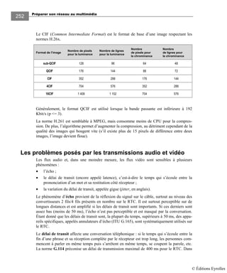 Préparer son réseau au multimédia
252
Le CIF (Common Intermediate Format) est le format de base d’une image respectant les
normes H.26x.
Format de l’image
Nombre de pixels
pour la luminance
Nombre de lignes
pour la luminance
Nombre
de pixels pour
la chrominance
Nombre
de lignes pour
la chrominance
sub-QCIF 128 96 64 48
QCIF 176 144 88 72
CIF 352 288 176 144
4CIF 704 576 352 288
16CIF 1 408 1 152 704 576
Généralement, le format QCIF est utilisé lorsque la bande passante est inférieure à 192
Kbit/s (p <= 3).
La norme H.261 est semblable à MPEG, mais consomme moins de CPU pour la compres-
sion. De plus, l’algorithme permet d’augmenter la compression, au détriment cependant de la
qualité des images qui bougent vite (s’il existe plus de 15 pixels de différence entre deux
images, l’image devient floue).
Les problèmes posés par les transmissions audio et vidéo
Les flux audio et, dans une moindre mesure, les flux vidéo sont sensibles à plusieurs
phénomènes :
• l’écho ;
• le délai de transit (encore appelé latence), c’est-à-dire le temps qui s’écoule entre la
prononciation d’un mot et sa restitution côté récepteur ;
• la variation du délai de transit, appelée gigue (jitter, en anglais).
Le phénomène d’écho provient de la réflexion du signal sur le câble, surtout au niveau des
convertisseurs 2 fils/4 fils présents en nombre sur le RTC. Il est surtout perceptible sur de
longues distances et est amplifié si les délais de transit sont importants. Si ces derniers sont
assez bas (moins de 50 ms), l’écho n’est pas perceptible et est masqué par la conversation.
Étant donné que les délais de transit sont, la plupart du temps, supérieurs à 50 ms, des appa-
reils spécifiques, appelés annulateurs d’écho (ITU G.165), sont systématiquement utilisés sur
le RTC.
Le délai de transit affecte une conversation téléphonique : si le temps qui s’écoule entre la
fin d’une phrase et sa réception complète par le récepteur est trop long, les personnes com-
mencent à parler en même temps puis s’arrêtent en même temps, se coupent la parole, etc.
La norme G.114 préconise un délai de transmission maximal de 400 ms pour le RTC. Dans
© Éditions Eyrolles
 