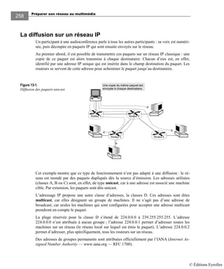Préparer son réseau au multimédia
258
La diffusion sur un réseau IP
Un participant à une audioconférence parle à tous les autres participants : sa voix est numéri-
sée, puis découpée en paquets IP qui sont ensuite envoyés sur le réseau.
Au premier abord, il est possible de transmettre ces paquets sur un réseau IP classique : une
copie de ce paquet est alors transmise à chaque destinataire. Chacun d’eux est, en effet,
identifié par une adresse IP unique qui est insérée dans le champ destination du paquet. Les
routeurs se servent de cette adresse pour acheminer le paquet jusqu’au destinataire.
Figure 13-1.
Diffusion des paquets unicast.
Cet exemple montre que ce type de fonctionnement n’est pas adapté à une diffusion : le ré-
seau est inondé par des paquets dupliqués dès la source d’émission. Les adresses utilisées
(classes A, B ou C) sont, en effet, de type unicast, car à une adresse est associé une machine
cible. Par extension, les paquets sont dits unicast.
L’adressage IP propose une autre classe d’adresses, la classes D. Ces adresses sont dites
multicast, car elles désignent un groupe de machines. Il ne s’agit pas d’une adresse de
broadcast, car seules les machines qui sont configurées pour accepter une adresse multicast
prendront en compte le paquet.
La plage réservée pour la classe D s’étend de 224.0.0.0 à 239.255.255.255. L’adresse
224.0.0.0 n’est attribuée à aucun groupe ; l’adresse 224.0.0.1 permet d’adresser toutes les
machines sur un réseau (le réseau local sur lequel est émis le paquet). L’adresse 224.0.0.2
permet d’adresser, plus spécifiquement, tous les routeurs sur un réseau.
Des adresses de groupes permanents sont attribuées officiellement par l’IANA (Internet As-
signed Number Authority — www.iana.org — RFC 1700).
Routeur 4Routeur 3
Routeur 2Routeur 1
Une copie du même paquet est
envoyée à chaque destinataire.
© Éditions Eyrolles
 