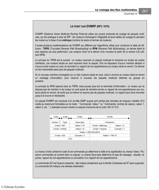 Le routage des flux multimédias
CHAPITRE 13
267
LE POINT SUR DVMRP (RFC 1075)
DVMRP (Distance Vector Multicast Routing Protocol) utilise son propre protocole de routage de paquets multi-
cast, qui est analogue à celui de RIP : les routeurs s’échangent l’intégralité de leurs tables de routage et calculent
les routes sur la base d’une métrique (nombre de sauts en termes de routeurs).
Il existe plusieurs implémentations de DVMRP qui diffèrent par l’algorithme utilisé pour construire la table de dif-
fusion : TRPB (Truncated Reverse Path Broadcasting) ou RPM (Reverse Path Multicasting), ce dernier étant le
plus répandu car plus performant. Les routeurs 3com et le démon Unix mrouted (à partir de la version 3.8) utili-
sent RPM.
Le principe du TRPB est le suivant : un routeur recevant un paquet multicast le transmet sur toutes les autres
interfaces. Les routeurs situés en aval reçoivent donc le paquet. S’ils ne disposent d’aucun membre déclaré ni
d’aucun autre routeur en aval, ils renvoient un rapport de non-appartenance au routeur situé en amont. Ce dernier
ne leur transmettra alors plus de paquets multicast.
Si un nouveau membre s’enregistre sur un des routeurs situés en aval, celui-ci enverra au routeur situé en amont
un message d’annulation, pour recevoir à nouveau les paquets multicast destinés au groupe en
question.
Le principe du RPM reprend celui du TRPB, mais pousse plus loin la remontée d’information : un routeur qui ne
dispose pas de membre ni de routeur en aval ayant de membre envoie un rapport de non-appartenance aux rou-
teurs situés en amont, de sorte que lui-même ne reçoive pas de paquets multicast. Le rapport peut ainsi remonter
jusqu’à la source si nécessaire.
Un paquet DVMRP est composé d’un en-tête IGMP auquel sont jointes des données de longueur variable (512
octets au maximum) formatées sur le mode : “ Commande, Valeur ” ou “ Commande, nombre de valeurs, valeur 1,
valeur 2, etc. ”. L’exemple suivant montre un paquet d’annonce de la route 194.10.10.0.
Type Sous-type Checksum
Cmde = AFI
Version
4 bits 4 bits 8 bits 16 bits
Valeur = 255.255.255.0
Valeur = IP Cmde = Métrique Valeur = 2
Cmde = Intinity Valeur = 6 Cmde = Subnet Compte = 1
Cmde = DA Compte = 1 Valeur = 194.10
.10.0
Le champ Cmde contient le code d’une commande qui détermine la taille et la signification du champ Valeur. Plu-
sieurs commandes se suivent dans un paquet. Le champ Sous-type détermine le type de message : requête, ré-
ponse, rapport de non-appartenance ou annulation d’un rapport de non-appartenance.
La commande AFI est toujours présente : elle indique simplement que la famille d’adresses est IP (seul supporté).
La commande DA indique une adresse destination.
© Éditions Eyrolles
 