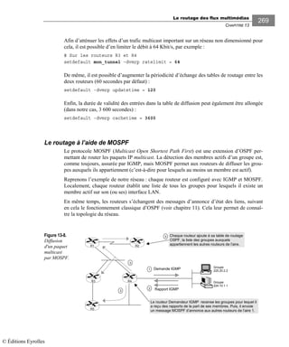 Le routage des flux multimédias
CHAPITRE 13
269
Afin d’atténuer les effets d’un trafic multicast important sur un réseau non dimensionné pour
cela, il est possible d’en limiter le débit à 64 Kbit/s, par exemple :
# Sur les routeurs R3 et R4
setdefault mon_tunnel –dvmrp ratelimit = 64
De même, il est possible d’augmenter la périodicité d’échange des tables de routage entre les
deux routeurs (60 secondes par défaut) :
setdefault -dvmrp updatetime = 120
Enfin, la durée de validité des entrées dans la table de diffusion peut également être allongée
(dans notre cas, 3 600 secondes) :
setdefault -dvmrp cachetime = 3600
Le routage à l’aide de MOSPF
Le protocole MOSPF (Multicast Open Shortest Path First) est une extension d’OSPF per-
mettant de router les paquets IP multicast. La détection des membres actifs d’un groupe est,
comme toujours, assurée par IGMP, mais MOSPF permet aux routeurs de diffuser les grou-
pes auxquels ils appartiennent (c’est-à-dire pour lesquels au moins un membre est actif).
Reprenons l’exemple de notre réseau : chaque routeur est configuré avec IGMP et MOSPF.
Localement, chaque routeur établit une liste de tous les groupes pour lesquels il existe un
membre actif sur son (ou ses) interface LAN.
En même temps, les routeurs s’échangent des messages d’annonce d’état des liens, suivant
en cela le fonctionnement classique d’OSPF (voir chapitre 11). Cela leur permet de connaî-
tre la topologie du réseau.
Figure 13-8.
Diffusion
d'un paquet
multicast
par MOSPF.
Groupe
225.20.2.2
Groupe
224.10.1.1
Rapport IGMP
Demande IGMP1
2
Chaque routeur ajoute à sa table de routage
OSPF, la liste des groupes auxquels
appartiennent les autres routeurs de l’aire.
Le routeur Demandeur IGMP recense les groupes pour lequel il
a reçu des rapports de la part de ses membres. Puis, il envoie
un message MOSPF d’annonce aux autres routeurs de l’aire 1.
3
3
R2R1
R3 R4
R5
3
© Éditions Eyrolles
 