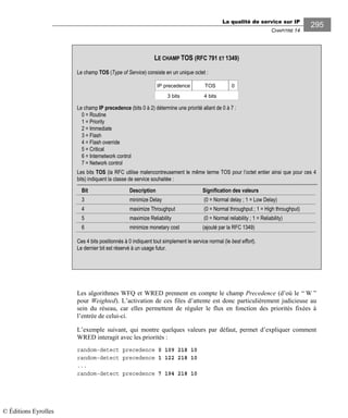 La qualité de service sur IP
CHAPITRE 14
295
Les algorithmes WFQ et WRED prennent en compte le champ Precedence (d’où le “ W ”
pour Weighted). L’activation de ces files d’attente est donc particulièrement judicieuse au
sein du réseau, car elles permettent de réguler le flux en fonction des priorités fixées à
l’entrée de celui-ci.
L’exemple suivant, qui montre quelques valeurs par défaut, permet d’expliquer comment
WRED interagit avec les priorités :
random-detect precedence 0 109 218 10
random-detect precedence 1 122 218 10
...
random-detect precedence 7 194 218 10
LE CHAMP TOS (RFC 791 ET 1349)
Le champ TOS (Type of Service) consiste en un unique octet :
IP precedence TOS
3 bits 4 bits
0
Le champ IP precedence (bits 0 à 2) détermine une priorité allant de 0 à 7 :
0 = Routine
1 = Priority
2 = Immediate
3 = Flash
4 = Flash override
5 = Critical
6 = Internetwork control
7 = Network control
Les bits TOS (la RFC utilise malencontreusement le même terme TOS pour l’octet entier ainsi que pour ces 4
bits) indiquent la classe de service souhaitée :
Bit Description Signification des valeurs
3 minimize Delay (0 = Normal delay ; 1 = Low Delay)
4 maximize Throughput (0 = Normal throughput ; 1 = High throughput)
5 maximize Reliability (0 = Normal reliability ; 1 = Reliability)
6 minimize monetary cost (ajouté par la RFC 1349)
Ces 4 bits positionnés à 0 indiquent tout simplement le service normal (le best effort).
Le dernier bit est réservé à un usage futur.
© Éditions Eyrolles
 