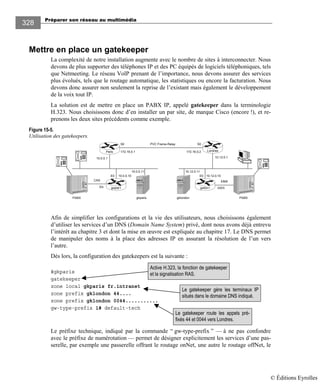 Préparer son réseau au multimédia
328
Mettre en place un gatekeeper
La complexité de notre installation augmente avec le nombre de sites à interconnecter. Nous
devons de plus supporter des téléphones IP et des PC équipés de logiciels téléphoniques, tels
que Netmeeting. Le réseau VolP prenant de l’importance, nous devons assurer des services
plus évolués, tels que le routage automatique, les statistiques ou encore la facturation. Nous
devons donc assurer non seulement la reprise de l’existant mais également le développement
de la voix tout IP.
La solution est de mettre en place un PABX IP, appelé gatekeeper dans la terminologie
H.323. Nous choisissons donc d’en installer un par site, de marque Cisco (encore !), et re-
prenons les deux sites précédents comme exemple.
Figure 15-5.
Utilisation des gatekeepers.
Afin de simplifier les configurations et la vie des utilisateurs, nous choisissons également
d’utiliser les services d’un DNS (Domain Name System) privé, dont nous avons déjà entrevu
l’intérêt au chapitre 3 et dont la mise en œuvre est expliquée au chapitre 17. Le DNS permet
de manipuler des noms à la place des adresses IP en assurant la résolution de l’un vers
l’autre.
Dès lors, la configuration des gatekeepers est la suivante :
#gkparis
gatekeeper
zone local gkparis fr.intranet
zone prefix gklondon 44....
zone prefix gklondon 0044...........
gw-type-prefix 1# default-tech
Le préfixe technique, indiqué par la commande “ gw-type-prefix ” — à ne pas confondre
avec le préfixe de numérotation — permet de désigner explicitement les services d’une pas-
serelle, par exemple une passerelle offrant le routage onNet, une autre le routage offNet, le
Active H.323, la fonction de gatekeeper
et la signalisation RAS.
Le gatekeeper gère les terminaux IP
situés dans le domaine DNS indiqué.
Le gatekeeper route les appels pré-
fixés 44 et 0044 vers Londres.
10.0.0.1
S0
E0
10.12.0.1
PVC Frame-Relay S0
PABX
172.16.0.1 172.16.0.2
E0 10.12.0.1010.0.0.10
CAS E&M
0/x 0/0/0
LondresParis
gwpar1 gwlon1
PABXgkparis gklondon
10.0.0.11 10.12.0.11
© Éditions Eyrolles
 