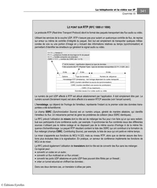 La téléphonie et la vidéo sur IP
CHAPITRE 15
341
LE POINT SUR RTP (RFC 1889 ET 1890)
Le protocole RTP (Real-time Transport Protocol) décrit le format des paquets transportant des flux audio ou vidéo.
Utilisant les services de la couche UDP, RTP n’assure pas pour autant un quelconque contrôle de flux, de reprise
sur erreur ou même de contrôle d’intégrité du paquet. Son but est simplement de transporter quelques millise-
condes de voix ou une portion d’image en y incluant des informations relatives au temps (synchronisation) et
permettant d’identifier les émetteurs qui génèrent le signal audio ou vidéo.
Options
V = 11 → Version 2
P = 1 → présence d’octets de bourrage en fin de paquet
X = 1 → l’entête comporte une extension
CSRC = 1111 → nombre de CSRC (de 1 à 15)
Type de données Numéro de séquence
Horodatage RTP (timestamp) : tick horloge dépendant du codec transporté
SSRC (numéro identifiant la source de synchronisation)
CSRC (numéro identifiant une source de contribution)
… CSRC (15 au maximum) …
1er
bit M (marker) : signification dépend du type de données
7 bits suivants bits PT (Payload Type) : type de données transportées (G.711, H.261, etc.)
8 bits 16 bits8 bits
Données issues d’un codec audio ou vidéo
Le numéro de port UDP affecté à RTP est alloué aléatoirement par l’application. Il doit simplement être pair. Le
numéro suivant (forcément impair) est alors affecté à la session RTCP associée (voir l’encart suivant).
L’horodatage, qui dépend de l’horloge de l’émetteur, représente l’instant où le premier octet des données trans-
portées a été échantillonné.
Le champ SSRC (Synchronization Source) est un numéro unique, généré de manière aléatoire, qui identifie
l’émetteur du flux. Un mécanisme permet de gérer les problèmes de collision (deux SSRC identiques).
La RFC prévoit l’utilisation de mixers dont le rôle est de mélanger les flux pour n’en faire qu’un qui sera redistri-
bué aux participants d’une conférence audio, par exemple. Il synchronise les flux combinés issus des différentes
sources n’utilisant pas le même codage et ne disposant pas de la même source d’horloge ni de la même fré-
quence d’échantillonnage. Le paquet RTP résultant contient la liste des SSRC qui ont contribué à la formation du
flux mélangé (champs CSRC, Contributing Source), par exemple, la liste de ceux qui ont parlé en même temps.
Le mixer s’apparente aux fonctions du MCU H.323, mais au niveau RTP, alors que ce dernier assure des fonc-
tions plus évoluées liées à la signalisation. En pratique, un serveur de conférence implémente les fonctions de
MCU et de mixer.
La RFC prévoit également l’utilisation de translators dont le rôle est de convertir des flux sans les mélanger.
Ce logiciel peut :
• convertir un codec en un autre ;
• convertir un flux multicast en un flux unicast ;
• convertir les ports UDP aléatoires en ports UDP fixes pouvant être filtrés par un firewall ;
• créer un tunnel sécurisé en chiffrant les données ;
Dans ces deux derniers cas, un translator s’utilise par paire.
© Éditions Eyrolles
 