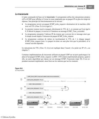 Administrer son réseau IP
CHAPITRE 16
351
Le traceroute
L’autre commande de base est le traceroute. Ce programme utilise des mécanismes propres
à IP et ICMP pour afficher à l’écran la route empruntée par un paquet IP en plus du temps de
réponse. Son principe de fonctionnement est le suivant :
• Le programme envoie un paquet ICMP_echo_request à destination de la machine cible
avec un TTL (Time To Live) égal à 1.
• Le premier routeur reçoit ce paquet, décrémente le TTL de 1, et constate qu’il est égal à
0. Il détruit le paquet, et renvoie à l’émetteur un message ICMP_Time_exceeded.
• Le programme enregistre l’adresse IP du routeur qui a envoyé de ce message ainsi que
le temps écoulé depuis l’émission du paquet ICMP_Echo_request.
• Le programme continue de même en incrémentant le TTL de 1 à chaque paquet
ICMP_Echo_request émis. Le paquet ira donc un saut plus loin que le précédent, et le
routeur suivant répondra.
Le mécanisme du TTL (Time To Live) est expliqué dans l’encart « Le point sur IP v4 «, au
chapitre 7.
Certaines implémentations de traceroute utilisent un paquet UDP sur un port quelconque à la
place d’un paquet ICMP_Echo_request. La RFC 1393 (statut expérimental) propose, quant à
elle, un autre algorithme qui repose sur un message ICMP_Traceroute (type 30). Il est ce-
pendant rarement implémenté, aussi bien sur les stations que sur les routeurs.
Figure 16-2.
Le traceroute.
FR
10.0.2.50
switch switch
Paris Londres
10.12.1.10010.0.2.40 10.0.0.1 172.16.0.9 172.16.0.10 10.12.0.1 10.12.1.60
ICMP_TIME_EXCEEDED
TTL-1 = 0ICMP_ECHO_REQUEST, TTL=11
TTL-1 = 1
TTL-1 = 0
ICMP_TIME_EXCEEDED
ICMP_ECHO_REQUEST, TTL=22
TTL-1 = 2 TTL-1 = 1
ICMP_ECHO_REQUEST, TTL=3
ICMP_ECHO_REPLY issus de la station cible (fin de la recherche)
3
© Éditions Eyrolles
 