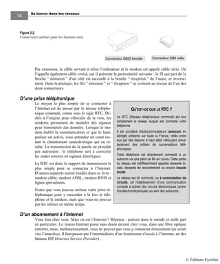 Se lancer dans les réseaux
14
Connecteur DB25 femelle Connecteur DB9 mâle
Par extension, le câble servant à relier l’ordinateur et le modem est appelé câble série. On
l’appelle également câble croisé, car il présente la particularité suivante : le fil qui part de la
broche “ émission ” d’un côté est raccordé à la broche “ réception ” de l’autre, et inverse-
ment. Dans la pratique, les fils “ émission ” et “ réception ” se croisent au niveau de l’un des
deux connecteurs.
D’une prise téléphonique
Le moyen le plus simple de se connecter à
l’Internet est de passer par le réseau télépho-
nique commuté, connu sous le sigle RTC. Dé-
diés à l’origine pour véhiculer de la voix, les
modems permettent de moduler des signaux
pour transmettre des données. Lorsque le mo-
dem établit la communication et que le haut-
parleur est activé, vous entendez un court ins-
tant le chuintement caractéristique qui en ré-
sulte. La transmission de la parole ne procède
pas autrement : le téléphone sert à convertir
les ondes sonores en signaux électriques.
Le RTC est donc le support de transmission le
plus simple pour se connecter à l’Internet.
D’autres supports seront étudiés dans ce livre :
modem câble, modem ADSL, modem RNIS et
lignes spécialisées.
Notez que vous pouvez utiliser votre prise té-
léphonique pour y raccorder à la fois le télé-
phone et le modem, mais que vous ne pouvez
pas les utiliser en même temps.
D’un abonnement à l’Internet
Vous êtes chez vous. Mais où est l’Internet ? Réponse : partout dans le monde et nulle part
en particulier. Le réseau Internet passe sans doute devant chez vous, dans une fibre optique
enterrée, mais, malheureusement, vous ne pouvez pas vous y connecter directement (se serait
vite l’anarchie). Il faut passer par l’intermédiaire d’un fournisseur d’accès à l’Internet, un des
fameux ISP (Internet Service Provider) .
QU’EST-CE QUE LE RTC ?
Le RTC (Réseau téléphonique commuté) est tout
simplement le réseau auquel est connecté votre
téléphone.
Il est constitué d'autocommutateurs (autocom en
abrégé) présents sur toute la France, reliés entre
eux par des liaisons à haut débit véhiculant simul-
tanément des milliers de conversations télé-
phoniques.
Votre téléphone est directement connecté à un
autocom via une paire de fils en cuivre. Cette partie
du réseau est indifféremment appelée desserte lo-
cale, desserte de raccordement ou encore boucle
locale.
Le réseau est dit commuté, ou à commutation de
circuits, car l’établissement d’une communication
consiste à activer des circuits électroniques (autre-
fois électromécaniques) au sein des autocoms.
Figure 2-2.
Connecteurs utilisés pour les liaisons série.
© Éditions Eyrolles
 