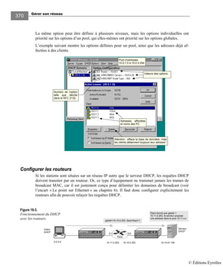 Gérer son réseau
370
La même option peut être définie à plusieurs niveaux, mais les options individuelles ont
priorité sur les options d’un pool, qui elles-mêmes ont priorité sur les options globales.
L’exemple suivant montre les options définies pour un pool, ainsi que les adresses déjà af-
fectées à des clients.
Adresses affectées
et noms des PC
Numéro de l’option
telle que décrite
dans le RFC 2132.
Attention : efface la base de données, mais
les clients détiennent toujours leur adresse !
Pool d’adresses
10.0.1.0 à 10.0.3.254
Valeurs des options
Configurer les routeurs
Si les stations sont situées sur un réseau IP autre que le serveur DHCP, les requêtes DHCP
doivent transiter par un routeur. Or, ce type d’équipement ne transmet jamais les trames de
broadcast MAC, car il est justement conçu pour délimiter les domaines de broadcast (voir
l’encart « Le point sur Ethernet » au chapitre 6). Il faut donc configurer explicitement les
routeurs afin de pouvoir relayer les requêtes DHCP.
Figure 16-3.
Fonctionnement du DHCP
avec les routeurs.
0.0.0.0
switch switch
10.11.0.253 10.10.0.253 10.10.41.100
Serveur
DHCP
Étant donné que giaddr =
10.11.0.253, le serveur propose
une adresse dans le pool 10.11.x.x
E0
Client
DHCP
E1
Paris
giaddr=10.10.0.253. Saut=Saut+1
© Éditions Eyrolles
 
