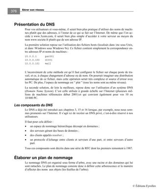Gérer son réseau
376
Présentation du DNS
Pour vos utilisateurs et vous-même, il serait bien plus pratique d’utiliser des noms de machi-
nes plutôt que des adresses, à l’instar de ce qui se fait sur l’Internet. De même que l’on ac-
cède à www.3com.com, il serait bien plus simple d’accéder à votre serveur au moyen du
nom www.societe.fr plutôt que de son adresse IP.
La première solution repose sur l’utilisation des fichiers hosts (localisés dans /etc sous Unix,
et dans Windows sous Windows 9x). Ce fichier contient simplement la correspondance en-
tre adresses IP et noms de machines :
10.0.0.1 par001
10.0.0.100 nt001
10.0.0.101 mail
L’inconvénient de cette méthode est qu’il faut configurer le fichier sur chaque poste de tra-
vail, et ce, à chaque changement d’adresse ou de nom. On pourrait imaginer une distribution
automatique de ce fichier, mais cette opération serait très complexe et source d’erreur avec
les PC. De plus, l’espace de nommage est “ plat ” (tous les noms sont au même niveau).
La seconde solution, de loin la meilleure, repose donc sur l’utilisation d’un système DNS
(Domain Name System). C’est celle utilisée à grande échelle sur l’Internet (plusieurs mil-
lions de machines référencées début 2001) et qui convient également pour vos 10 ou
10 000 PC.
Les composants du DNS
Le DNS a déjà été introduit aux chapitres 3, 15 et 16 lorsque, par exemple, nous nous som-
mes promenés sur l’Internet. Il s’agit ici de recréer un DNS privé, c’est-à-dire réservé à nos
utilisateurs.
Il faut pour cela définir :
• un espace de nommage hiérarchique découpé en domaines ;
• des serveurs gérant des bases de données ;
• des clients appelés resolver ;
• un protocole d’échange entre clients et serveurs d’une part, et entre serveurs d’autre
part.
Tous ces composants sont décrits dans une série de RFC dont les premiers remontent à 1987.
Élaborer un plan de nommage
Le nommage DNS est organisé sous forme d’arbre, avec une racine et des domaines qui lui
sont rattachés. Le plan de nommage consiste donc à définir cette arborescence et la manière
d’affecter des noms aux objets (les feuilles de l’arbre).
© Éditions Eyrolles
 