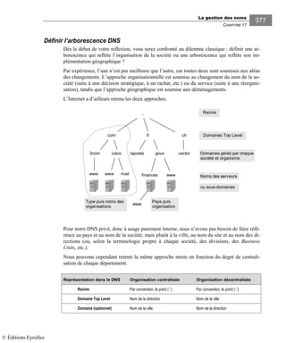 La gestion des noms
CHAPITRE 17
377
Définir l’arborescence DNS
Dès le début de votre réflexion, vous serez confronté au dilemme classique : définir une ar-
borescence qui reflète l’organisation de la société ou une arborescence qui reflète son im-
plémentation géographique ?
Par expérience, l’une n’est pas meilleure que l’autre, car toutes deux sont soumises aux aléas
des changements. L’approche organisationnelle est soumise au changement du nom de la so-
ciété (suite à une décision stratégique, à un rachat, etc.) ou du service (suite à une réorgani-
sation), tandis que l’approche géographique est soumise aux déménagements.
L’Internet a d’ailleurs retenu les deux approches.
Domaines Top Level
Racine
Domaines gérés par chaque
société et organisme
.
3com
com fr ch
laposte gouv vector
www
Noms des serveurs
cisco
www mail wwwfinances
Type puis noms des
organisations
Pays puis
organisation
www
ou sous-domaines
Pour notre DNS privé, donc à usage purement interne, nous n’avons pas besoin de faire réfé-
rence au pays et au nom de la société, mais plutôt à la ville, au nom du site et au nom des di-
rections (ou, selon la terminologie propre à chaque société, des divisions, des Business
Units, etc.).
Nous pouvons cependant retenir la même approche mixte en fonction du degré de centrali-
sation de chaque département.
Représentation dans le DNS Organisation centralisée Organisation décentralisée
Racine Par convention, le point (‘.’) Par convention, le point (‘.’)
Domaine Top Level Nom de la direction Nom de la ville
Domaine (optionnel) Nom de la ville Nom de la direction
© Éditions Eyrolles
 