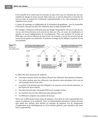 Gérer son réseau
378
Il est conseillé de ne retenir que les invariants ou, pour être exact, les éléments qui sont sus-
ceptibles de changer le moins souvent. Dans notre cas, ce sont les directions (c’est-à-dire les
services situés au sommet de la hiérarchie organisationnelle) et les villes principales où est
implantée notre société.
L’espace de nommage est indépendant de la localisation géographique : tous les immeubles
d’une même ville peuvent donc être référencés dans le même domaine DNS.
Par exemple, l’indication d’éléments pouvant changer fréquemment, tels que le nom du ser-
vice au sein d’une direction ou le nom du site dans une ville, est source de complication, et
entraîne un travail supplémentaire de reconfiguration. Plus vous ajouterez de niveaux au
DNS, plus vous devrez effectuer de mises à jour. En revanche, si un service au sein d’une di-
rection devait garder son autonomie, on pourrait envisager de lui déléguer la gestion de son
sous-domaine.
Figure 17-1.
Définition
d'un DNS privé.
Le DNS offre donc beaucoup de souplesse :
• Une même machine (ayant une adresse IP) peut être référencée dans plusieurs domaines.
• Une même machine peut être référencée sous plusieurs noms principaux et/ou sous un
nom principal associé à des alias.
• La gestion d’un domaine peut être déléguée à un nouveau service devenu autonome, ou
être reprise de façon centrale.
• Une direction peut gérer son propre DNS (avec sa propre racine).
• Les machines peuvent être référencées dans plusieurs DNS.
• Un DNS peut comporter une centaine de niveaux.
On le voit, le DNS permet toutes sortes de fantaisies. Il est donc de votre responsabilité d’en
assurer la cohérence et la simplicité. Ainsi, les fonctionnalités présentées ci-dessus doivent-
elles plutôt être utilisées pour faciliter les périodes de transition lors de changements
d’organisation ou de déménagement ou, d’une manière générale, pour répondre à des situa-
tions exceptionnelles.
.
compta
paris
www
www
Les directions centralisées peuvent être
référencées au plus haut niveau.
info
www toulouse
www privé
drh
www sgbdcompta
londres
www
Les directions décentralisées peuvent
être organisées géographiquement.
Toulouse sera responsable
de son propre domaine et
de ses sous-domaines.
Le serveur Web de
Toulouse sera connu sous le
nom de www.toulouse.info.
© Éditions Eyrolles
 