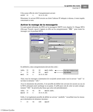 La gestion des noms
CHAPITRE 17
389
Cela a pour effet de créer l’enregistrement suivant :
nt003 IN A 10.0.0.110
Désormais, le serveur DNS enverra au client l’adresse IP indiquée ci-dessus, à toute requête
concernant ce nom.
Activer le routage de la messagerie
Un autre grand utilisateur du DNS est la messagerie SMTP (voir chapitre 3). Chaque MTA
(Message Transfer Agent) s’appuie en effet sur les enregistrements “ MX ” pour router les
messages vers le prochain MTA.
Priorité de 0 (haute)
à 65535 (basse).
Nom du serveur. Un
enregistrement “A”
doit être associé pour
donner son adresse IP.
Ou tout autre
serveur SMTP !
En définitive, deux enregistrements doivent être créés :
info. IN MX 10 mail.info.
@ IN MX 10 mail
mail IN A 10.0.0.100
Ainsi, tous les messages à destination de xxx@info seront routés vers le serveur “ mail ” si-
tué dans le domaine “ info ”.
Avec le mécanisme des priorités, il est possible de définir des serveurs de secours au cas où
le MTA principal serait surchargé ou en panne. Il suffit pour cela de créer un autre enregis-
trement “ MX ” de priorité plus basse que celui créé précédemment :
info. IN MX 20 mail2.info.
mail2 IN A 10.0.0.101
Enfin, il est également possible de définir un serveur “ poubelle ” recueillant tous les messa-
ges à destination de domaines inconnus :
* IN MX 100 mail9
Ces deux notations sont
équivalentes.
© Éditions Eyrolles
 