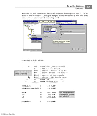 La gestion des noms
CHAPITRE 17
391
Dans notre cas, nous commençons par déclarer un serveur primaire pour la zone “ . ” (ne pas
choisir le nom de fichier “ . ”, mais, par exemple, le nom “ racine.dns ”). Puis, nous décla-
rons les serveurs primaires des domaines Top Level.
Type de RR = Name Server
Le serveur nt002.info est primaire
pour le Top Level drh.
La zone “.” a été créé.
La zone Cache n’est plus affichée.
Cela produit le fichier suivant :
. IN SOA nt001.info. jlm.nt001.info. (
2 ; serial : 2ème
version
1800 ; refresh : toutes les 30 min.
300 ; retry : toutes les 5 minutes
604800 ; expire : 48 heures après
86400) ; minimum : 24h dans le cache
NS nt001.info
NS nt004.toulouse.info
nt001.info A 10.0.0.100
nt004.toulouse.info A 10.4.0.165
paris NS nt001.info
info NS nt001.info
drh NS nt002.info
nt002.info. A 10.0.0.124
Liste des serveurs ayant
autorité sur la racine.
Liste des serveurs ayant
autorité sur les Top Level
paris, info et drh.
© Éditions Eyrolles
 