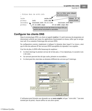 La gestion des noms
CHAPITRE 17
395
;
; Fichier Boot de nt001.info
;
cache . cache.dns
primary info info.dns
secondary toulouse.info 10.4.0.165 toulouse.info.dns
primary 10.in-addr.arpa 10.in-addr.arpa.dns
Configurer les clients DNS
Dans la terminologie DNS, un client est appelé resolver. Ce petit morceau de programme est
directement sollicité par toutes les applications fonctionnant en réseau, telles que le naviga-
teur web. Il se contente d’interroger des serveurs DNS.
Sa configuration consiste simplement à indiquer le domaine dans lequel il se trouve, ainsi
que la liste des adresses IP des serveurs DNS susceptibles de répondre à ses requêtes.
Une fois de plus, le DNS offre beaucoup de souplesse :
• le client interroge le premier serveur de la liste puis, s’il ne répond pas, le second et ain-
si de suite ;
• les serveurs peuvent être de type cache, primaire ou secondaire ;
• le client peut être situé dans un domaine différent des serveurs qu’il interroge.
Si le serveur DNS de toulouse ne répond pas,
le resolver interroge le serveur de Paris.
Le domaine est important : en interrogeant
www, le resolver cherchera implicitement
www.toulouse.info.
L’utilisateur peut formuler une demande sur un nom complet, tel que “ www.info. ” (un nom
terminé par un point). Aucun suffixe ne sera alors ajouté.
Nom du fichier cache indiquant
les serveurs racines.
Précise les zones et noms des fichiers de chaque SOA pour
lequel le serveur est primaire ou secondaire.
Adresse IP du
serveur primaire
© Éditions Eyrolles
 