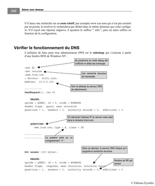 Gérer son réseau
396
S’il lance une recherche sur un nom relatif, par exemple www (un nom qui n’est pas terminé
par un point), le resolver le recherchera par défaut dans le même domaine que celui configu-
ré. S’il reçoit une réponse négative, il ajoutera le suffixe “ .info ”, puis un autre suffixe en
fonction de la configuration.
Vérifier le fonctionnement du DNS
L’utilitaire de base pour tout administrateur DNS est le nslookup qui s’exécute à partir
d’une fenêtre DOS de Windows NT :
>set d2
>set recurse
>www.3com.com.
> Serveur: nt001.info.
Address: 10.0.0.100
------------
SendRequest(), len 30
HEADER:
opcode = QUERY, id = 5, rcode = NOERROR
header flags: query, want recursion
questions = 1, answers = 0, authority records = 0, additional = 0
QUESTIONS:
www.3com.com, type = A, class = IN
------------
------------
Got answer (301 bytes):
HEADER:
opcode = QUERY, id = 5, rcode = NOERROR
header flags: response, want recursion, recursion avail.
questions = 1, answers = 1, authority records = 6, additional = 6
Dans sa réponse, le serveur DNS indique qu’il
supporte la recherche récursive.
Se positionne en mode debug afin
d’afficher le détail des échanges.
Nom et adresse du serveur DNS
de rattachement.
On demande l’adresse IP du serveur www situé
dans le domaine 3com.com.
La question porte sur un
enregistrement “ A ”.
Une recherche récursive
est demandée
Nombre de RR par
section
© Éditions Eyrolles
 