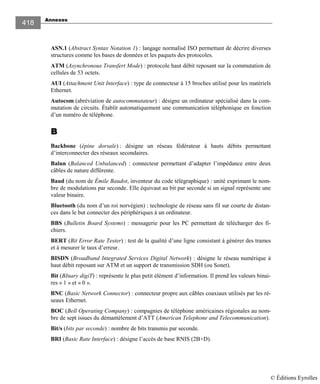 Annexes
418
ASN.1 (Abstract Syntax Notation 1) : langage normalisé ISO permettant de décrire diverses
structures comme les bases de données et les paquets des protocoles.
ATM (Asynchronous Transfert Mode) : protocole haut débit reposant sur la commutation de
cellules de 53 octets.
AUI (Attachment Unit Interface) : type de connecteur à 15 broches utilisé pour les matériels
Ethernet.
Autocom (abréviation de autocommutateur) : désigne un ordinateur spécialisé dans la com-
mutation de circuits. Établit automatiquement une communication téléphonique en fonction
d’un numéro de téléphone.
BBBB
Backbone (épine dorsale) : désigne un réseau fédérateur à hauts débits permettant
d’interconnecter des réseaux secondaires.
Balun (Balanced Unbalanced) : connecteur permettant d’adapter l’impédance entre deux
câbles de nature différente.
Baud (du nom de Émile Baudot, inventeur du code télégraphique) : unité exprimant le nom-
bre de modulations par seconde. Elle équivaut au bit par seconde si un signal représente une
valeur binaire.
Bluetooth (du nom d’un roi norvégien) : technologie de réseau sans fil sur courte de distan-
ces dans le but connecter des périphériques à un ordinateur.
BBS (Bulletin Board Systems) : messagerie pour les PC permettant de télécharger des fi-
chiers.
BERT (Bit Error Rate Tester) : test de la qualité d’une ligne consistant à générer des trames
et à mesurer le taux d’erreur.
BISDN (Broadband Integrated Services Digital Network) : désigne le réseau numérique à
haut débit reposant sur ATM et un support de transmission SDH (ou Sonet).
Bit (BInary digiT) : représente le plus petit élément d’information. Il prend les valeurs binai-
res « 1 » et « 0 ».
BNC (Basic Network Connector) : connecteur propre aux câbles coaxiaux utilisés par les ré-
seaux Ethernet.
BOC (Bell Operating Company) : compagnies de téléphone américaines régionales au nom-
bre de sept issues du démantèlement d’ATT (American Telephone and Telecommunication).
Bit/s (bits par seconde) : nombre de bits transmis par seconde.
BRI (Basic Rate Interface) : désigne l’accès de base RNIS (2B+D).
© Éditions Eyrolles
 
