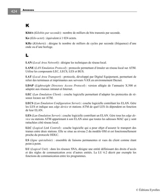 Annexes
424
KKKK
Kbit/s (Kilobits par seconde) : nombre de milliers de bits transmis par seconde.
Ko (Kilo-octet) : équivalent à 1 024 octets.
KHz (Kilohertz) : désigne le nombre de milliers de cycles par seconde (fréquence) d’une
onde ou d’une horloge.
LLLL
LAN (Local Area Network) : désigne les techniques de réseau local.
LANE (LAN Emulation Protocol) : protocole permettant d’émuler un réseau local sur ATM.
Utilise les composants LEC, LECS, LES et BUS.
LAT (Local Area Transport) : protocole, développé par Digital Equipement, permettant de
relier des terminaux et imprimantes aux serveurs VAX en environnement Decnet.
LDAP (Lightweight Directory Access Protocol) : version allégée de l’annuaire X.500 et
adaptée aux réseaux intranet et Internet.
LEC (Lan Emulation Client) : couche logicielle permettant d’adapter les protocoles de ré-
seaux locaux sur ATM.
LECS (Lan Emulation Configuration Server) : couche logicielle contrôlant les ELAN. Gère
les LES et indique aux edge device et stations ATM de quel LES ils dépendent en fonction
de leur ELAN.
LES (Lan Emulation Server) : couche logicielle contrôlant un ELAN. Gère tous les edge de-
vice ou stations ATM appartenant à son ELAN ainsi que toutes les adresses MAC qui y sont
rattachées côté réseau local.
LLC (Logical Link Control) : couche logicielle qui a pour objet d’assurer le transport des
trames entre deux stations. Elle se situe au niveau 2 du modèle OSI et est fonctionnellement
proche du protocole HDLC.
LS (ligne spécialisée) : ensemble de liaisons permanentes et vues du client comme étant
point à point.
LU (Logical Unit) : dans les réseaux SNA, désigne une entité définissant des droits d’accès
et des règles de communication avec d’autres entités. La LU 6.2 décrit par exemple les
fonctions de communication entre les programmes.
© Éditions Eyrolles
 