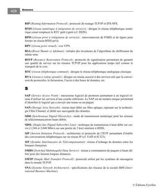 Annexes
428
RIP (Routing Information Protocol) : protocole de routage TCP/IP et IPX/SPX.
RNIS (réseau numérique à intégration de services) : désigne le réseau téléphonique numé-
rique censé remplacer le RTC petit à petit (cf. ISDN).
RPIS (réseau privé à intégration de services) : interconnexion de PABX et de lignes pour
former un réseau RNIS privé.
RPV (réseau privé virtuel) : voir VPN.
RSA (Rivest Shamir et Adelman) : initiales des inventeurs de l’algorithme de chiffrement du
même nom.
RSVP (Resource Reservation Protocol) : protocole de signalisation permettant de garantir
une qualité de service sur les réseaux TCP/IP pour les applications temps réel comme le
transport de la voix.
RTC (réseau téléphonique commuté) : désigne le réseau téléphonique analogique classique.
RVA (réseau à valeur ajoutée) : désigne un réseau associé à des services tels que la conver-
sion de protocoles, la facturation, l’accès à des bases de données, etc.
SSSS
SAP (Service Access Point) : mécanisme logiciel de pointeurs permettant à un logiciel ré-
seau d’utiliser les services d’une couche inférieure. Le SAP est un numéro unique permettant
d’identifier le logiciel qui a envoyé une trame ou un paquet.
SAN (Storage Area Network) : réseau haut débit sur fibre optique, reposant sur la technolo-
gie Fibre Channel, et dédié aux sauvegarde des données.
SDH (Synchronous Digital Hierarchy) : mode de transmission numérique pour les réseaux
de télécommunications hauts débits.
SDSL (Single-line Digital Subscriber Line) : technique de transmission à haut débit sur cui-
vre (1,544 et 2,048 Mbit/s sur une portée de 3 km) similaire à HDSL.
SIP (Session Initiation Protocol) : architecture et protocole de l’IETF permettant d’établir
des conversations téléphoniques sur un réseau IP (cf. VoIP et H.323).
SIT (Système Interbancaire de Télécompensation) : réseau d’échange de données entre les
banques françaises.
SMDS (Switched Multimegabit Data Service) : réseau à commutation de paquets à hauts dé-
bits pour des liaisons longues distances.
SMTP (Simple Mail Transfert Protocol) : protocole utilisé par les systèmes de messagerie
dans le monde TCP/IP.
SNA (Systems Network Architecture) : spécifications des réseaux de la société IBM (Inter-
national Business Machine).
© Éditions Eyrolles
 