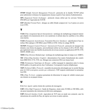 Glossaire
429
SNMP (Simple Network Management Protocol) : protocole de la famille TCP/IP utilisé
pour administrer à distance les équipements réseaux à partir d’une station d’administration.
SPX (Sequenced Packet Exchange) : protocole réseau utilisé par les serveurs Netware.
IPX/SPX est l’équivalent de TCP/IP.
STP (Shielded Twisted Pair) : désigne un câble blindé composé de 2 ou 4 paires en cuivre
(voir UTP).
TTTT
TASI (Time Assignment Speech Interpolation) : technique de multiplexage temporel statisti-
que adaptée à la transmission de la voix numérisée et utilisée dans les satellites et les câbles
sous-marins.
TAXI (Transparent Asynchronous Transmitter/Receiver Interface) : spécification d’une in-
terface fibre optique à 100 Mbit/s pour FDDI et ATM. Utilise le codage 4B/5B.
TCP/IP (Transport Control Protocol / Internetwork Protocol) : protocole de transport des
données sous forme de paquets, universellement utilisé sur les réseaux LAN et WAN. Dési-
gne également toute une famille de protocoles de niveau session ou application (HTTP, FTP,
SMTP, SNMP, etc.).
TDM (Time Division Multiplexing) : technique de multiplexage dans le temps (voir AMRT).
TIC (Token-Ring Interface Coupler) : dénomination d’un mode d’attachement des contrô-
leurs IBM SNA 3174, 3745, etc. Désigne une connexion SNA sur réseau local.
TNR (Terminaison Numérique de Réseau) : coffret marquant la séparation entre le réseau
RNIS public et la partie privée chez l’utilisateur. Correspond à la prise téléphonique.
TOP (Technical Office Protocol) : ensemble de protocoles développés par la société Boeing
pour la CAO (conception assistée par ordinateur). TOP respecte entièrement la normalisa-
tion OSI.
TTL (Time To Live) : compteur permettant de déterminer le temps de validité restant pour
une donnée ou un paquet réseau.
UUUU
UA (User Agent) : partie cliente des systèmes de messagerie.
UHF (Ultra High Frequency) : bande de fréquence, située entre 30 MHz et 300 MHz, utili-
sée pour transmettre des émissions de télévision analogiques.
UDP (Network Interface Card) : équivalent de TCP mais en mode non connecté, sans les
mécanismes de contrôle de flux, de reprise sur erreur et autres options.
© Éditions Eyrolles
 