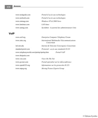 Annexes
438
www.techguide.com Portail d’accès aux technologies
www.techweb.com Portail d’accès aux technologies
www.entmag.com Windows NT & 2000 News
www.lantimes.com LAN times
www.samag.com SysAdmin : le journal des administrateurs Unix
VoIP
www.ectf.org Enterprise Computer Telephony Forum
www.imtc.org International Multimedia Telecommunications
Consortium
itel.mit.edu Internet & Telecoms Convergence Consortium
standard.pictel.com Picturetel : accès aux standards H.323
www.telephonyworld.com/iptelep/iptelep.htm Portail VoIP
www.theipsite.com
www.von.com Voice On The Net
www.gvcnet.com Portail spécialisé sur la vidéoconférence
www.openh323.org Informations sur les protocoles H.323
www.mpeg.org Moving Picture Experts Group
© Éditions Eyrolles
 