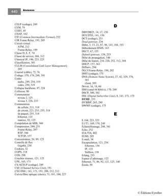 Annexes
440
CELP (codage), 249
CEM, 74
CERT, 45
CHAP, 162
CIF (Common Intermediate Format), 252
CIR Frame Relay, 193, 205
Circuit virtuel
ATM, 212
Frame-Relay, 199
Classe D, E, F, 74
Classe de service, 304, 312
Classical IP, 190, 223, 225
Classification, 301
CLLM (Consolidated Link Layer Management),
205
Coaxial (câble), 72, 76
Codage, 170, 174, 248, 341
Codec
audio, 249, 254, 319
vidéo, 250, 319
Collapse backbone, 97, 224
Collision, 90
Commutateur
niveau 2, 125
niveau 3, 226, 233
Commutation
de cellule, 211, 318
de circuit, 221, 253, 255, 318
de paquet, 255, 318
Ethernet, 125
matrice, 92, 125
Compilation de MIB, 360
Compression, 248, 251
Frame-Relay, 207
RTP, 344
TCP/IP, 157
Concentrateur, 54, 89, 125
Contrôle de flux
Gigabit, 230
Cookies, 32
COPS, 314
COS, 298
Couches réseaux, 121, 125
CPE, 165, 171
CS-ACELP (codage), 249
CSU (Channel Service Unit), 191
CSU/DSU, 141, 171, 191, 208, 212, 213
Cuivre/fibre optique (choix), 71, 101, 104, 227
DDDD
DB9/DB25, 14, 17, 150
DCE/DTE, 141, 150
DCT (codage), 251
Dead gateway, 234
Débit, 3, 13, 21, 87, 98, 143, 184, 193
Débordement RNIS, 163
DECT, 67, 335
Default gateway, 154, 233
Délai de propagation, 140
Délai de transit, 210, 220, 252, 312, 344
DHCP, 157, 363
Diffserv, 294
DLCI Frame-Relay, 194, 202
DMT (codage), 175
DNS (Domain Name System), 27, 42, 329, 376,
381
client, 395
Driver, 16, 18, 60
DS0 (canal 64 Kbit/s), 170, 248
DSCP, 300, 302
DSL (Digital Subscriber Line), 8, 141, 171, 175
DTMF, 253
DVMRP, 265, 280
DWMT (codage), 175
EEEE
E.164, 223, 325
E1/T1, 169, 170, 249
Échantillonnage, 248, 341
Echo, 252
EIA/TIA, 402
ELMI, 205
E-mail, 34
Encapsulation, 121, 254
Ethernet, 136
IP, 133
Netbios, 138
Erlang, 255
Espace d’adressage, 122
Ethernet, 71, 86, 92, 121, 125, 140
Étoile, 50
© Éditions Eyrolles
 