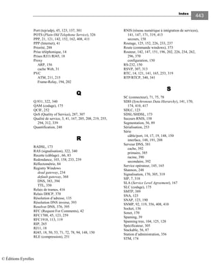 Index
443
Port (tcp/udp), 45, 123, 137, 301
POTS (Plain Old Telephone Service), 326
PPP, 21, 121, 142, 152, 162, 408, 411
PPP (Internet), 41
Priorité, 288
Prise téléphonique, 14
Prises RJ11/RJ45, 18
Proxy
ARP, 156
cache Web, 31
PVC
ATM, 211, 215
Frame-Relay, 194, 202
QQQQ
Q.931, 322, 340
QAM (codage), 175
QCIF, 252
QoS (Quality of Service), 287, 307
Qualité de service, 3, 41, 167, 205, 208, 219, 255,
294, 312, 339
Quantification, 248
RRRR
RADSL, 173
RAS (signalisation), 322, 340
Recette (câblage) , 66, 83
Redondance, 103, 158, 233, 239
Réflectométrie, 84
Registry Windows
dead gateway, 234
default gateway, 368
DNS, 383, 394
TTL, 350
Relais de trames, 416
Relais DHCP, 370
Résolution d’adresse, 135
Résolution DNS inverse, 393
Resolver DNS, 376, 395
RFC (Request For Comments), 42
RFC1700, 45, 123, 259
RFC1918, 113, 119
RIP, 265
RJ11, 18
RJ45, 18, 50, 53, 71, 72, 78, 94, 148, 150
RLE (compression), 251
RNIS (réseau numérique à intégration de services),
141, 147, 171, 319, 413
secours, 158
Routage, 125, 152, 226, 233, 237
Route (commande windows), 373
Routeur, 142, 147, 151, 196, 202, 226, 234, 262,
296, 370
configuration, 150
RS-232, 150
RSVP, 307, 313
RTC, 14, 121, 141, 165, 253, 319
RTP/RTCP, 340, 341
SSSS
SC (connecteur), 71, 75, 78
SDH (Synchronous Data Hierarchy), 141, 170,
174, 410, 417
SDLC, 123
SDSL/SHDSL, 173
Secours RNIS, 158
Segmentation, 56, 89
Sérialisation, 253
Série
câble/port, 14, 17, 19, 148, 150
interface, 148, 191, 208
Serveur DNS, 381
cache, 392
primaire, 385
racine, 390
secondaire, 392
Service opérateur, 145, 165
Shannon, 248
Signalisation, 170, 305, 319
SIP, 7, 318
SLA (Service Level Agreement), 167
SLC (codage), 175
SMTP, 389
SNA, 123
SNAP, 123, 190
SNMP, 92, 119, 356, 408, 410
Socket, 136
Sonet, 170
Spaming, 39
Spanning tree, 104, 125, 128
Spécificateur, 305
Stackable, 56, 87
Station d’administration, 356
STM, 174
© Éditions Eyrolles
 