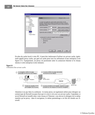 Se lancer dans les réseaux
3030
En plus du cache local à votre PC, il peut être intéressant d’utiliser un serveur cache, égale-
ment appelé proxy cache, qui gère un cache pour tous les utilisateurs d’une entreprise (voir
figure 3-3). Typiquement, un proxy est positionné entre la connexion Internet et le réseau
interne à votre entreprise (votre intranet).
Proxy
(serveur cache)
Internet
Toutes les requêtes HTTP
sont dirigées vers le proxy.
Le proxy vérifie si la page demandée
se trouve sur son disque.
Le navigateur vérifie si la page
demandée se trouve sur son disque.
Serveur Web
Le proxy procède à une requête, rappatrie la page,
la stocke sur son disque et l’envoie au navigateur.
Navigateur
1
2
3
4
.
Attention à ne pas faire la confusion : le terme proxy est également utilisé pour désigner un
certain type de firewall (ou pare-feu) qui n’a rien à voir avec un serveur cache. Cependant, si
un tel firewall est installé entre votre réseau et l’Internet, vous devrez le désigner de la même
manière qu’un proxy : dans le navigateur, le même paramétrage a en fait été étendu aux fi-
rewall.
Figure 3-1.
Utilisation d'un serveur cache.
© Éditions Eyrolles
 