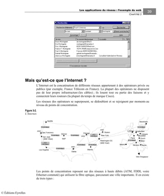 Les applications du réseau : l’exemple du web
CHAPITRE 3
3939
Mais qu’est-ce que l’Internet ?
L’Internet est la concaténation de différents réseaux appartenant à des opérateurs privés ou
publics (par exemple, France Télécom en France). La plupart des opérateurs ne disposent
pas de leur propre infrastructure (les câbles) ; ils louent tout ou partie des liaisons et y
connectent leurs routeurs (la plupart du temps de marque Cisco).
Les réseaux des opérateurs se superposent, se dédoublent et se rejoignent par moments au
niveau de points de concentration.
Figure 3-2.
L’Internet.
ZurichParis
Londres
Stockholm
RomeMonaco
Bruxelles
Boston
Denver
San Francisco
Seattle
Los Angeles
Dallas
San Jose
Chicago
New York
Washington DC
Atlanta
T3 (45 Mbps)
T3 (45 Mbps)
OC3
(155 Mbps)
T3 (45 Mbps)
T3 (45 Mbps) T3 (45 Mbps)
(MAE East)
(MAE West)
Madrid
T3 (45 Mbps)
OC3
(155 Mbps)
Amsterdam
Cologne
Milan
E1 (2 Mbps)
E1 (2 Mbps)
Vers Singapour
NAP
PPP
PPP
PPP
PPP
Les points de concentration reposent sur des réseaux à hauts débits (ATM, FDDI, voire
Ethernet commuté) qui utilisent la fibre optique, parcourant une ville importante. Il en existe
de trois types :
© Éditions Eyrolles
 