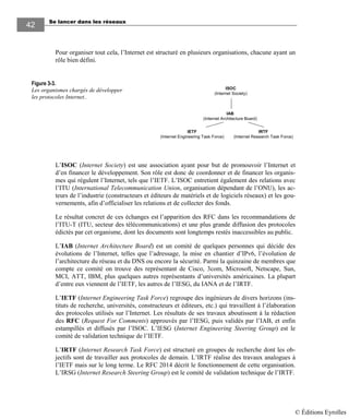 Se lancer dans les réseaux
4242
Pour organiser tout cela, l’Internet est structuré en plusieurs organisations, chacune ayant un
rôle bien défini.
ISOC
(Internet Society)
IAB
(Internet Architecture Board)
IETF
(Internet Engineering Task Force)
IRTF
(Internet Research Task Force)
L’ISOC (Internet Society) est une association ayant pour but de promouvoir l’Internet et
d’en financer le développement. Son rôle est donc de coordonner et de financer les organis-
mes qui régulent l’Internet, tels que l’IETF. L’ISOC entretient également des relations avec
l’ITU (International Telecommunication Union, organisation dépendant de l’ONU), les ac-
teurs de l’industrie (constructeurs et éditeurs de matériels et de logiciels réseaux) et les gou-
vernements, afin d’officialiser les relations et de collecter des fonds.
Le résultat concret de ces échanges est l’apparition des RFC dans les recommandations de
l’ITU-T (ITU, secteur des télécommunications) et une plus grande diffusion des protocoles
édictés par cet organisme, dont les documents sont longtemps restés inaccessibles au public.
L’IAB (Internet Architecture Board) est un comité de quelques personnes qui décide des
évolutions de l’Internet, telles que l’adressage, la mise en chantier d’IPv6, l’évolution de
l’architecture du réseau et du DNS ou encore la sécurité. Parmi la quinzaine de membres que
compte ce comité on trouve des représentant de Cisco, 3com, Microsoft, Netscape, Sun,
MCI, ATT, IBM, plus quelques autres représentants d’universités américaines. La plupart
d’entre eux viennent de l’IETF, les autres de l’IESG, du IANA et de l’IRTF.
L’IETF (Internet Engineering Task Force) regroupe des ingénieurs de divers horizons (ins-
tituts de recherche, universités, constructeurs et éditeurs, etc.) qui travaillent à l’élaboration
des protocoles utilisés sur l’Internet. Les résultats de ses travaux aboutissent à la rédaction
des RFC (Request For Comments) approuvés par l’IESG, puis validés par l’IAB, et enfin
estampillés et diffusés par l’ISOC. L’IESG (Internet Engineering Steering Group) est le
comité de validation technique de l’IETF.
L’IRTF (Internet Research Task Force) est structuré en groupes de recherche dont les ob-
jectifs sont de travailler aux protocoles de demain. L’IRTF réalise des travaux analogues à
l’IETF mais sur le long terme. Le RFC 2014 décrit le fonctionnement de cette organisation.
L’IRSG (Internet Research Steering Group) est le comité de validation technique de l’IRTF.
Figure 3-3.
Les organismes chargés de développer
les protocoles Internet..
© Éditions Eyrolles
 