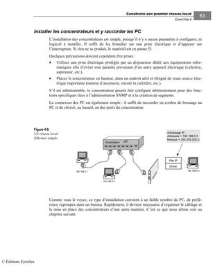 Construire son premier réseau local
CHAPITRE 4
6363
Installer les concentrateurs et y raccorder les PC
L’installation des concentrateurs est simple, puisqu’il n’y a aucun paramètre à configurer, ni
logiciel à installer. Il suffit de les brancher sur une prise électrique et d’appuyer sur
l’interrupteur. Si rien ne se produit, le matériel est en panne .
Quelques précautions doivent cependant être prises :
• Utilisez une prise électrique protégée par un disjoncteur dédié aux équipements infor-
matiques afin d’éviter tout parasite provenant d’un autre appareil électrique (cafetière,
aspirateur, etc.).
• Placez le concentrateur en hauteur, dans un endroit aéré et éloigné de toute source élec-
trique importante (moteur d’ascenseur, encore la cafetière, etc.).
S’il est administrable, le concentrateur pourra être configuré ultérieurement pour des fonc-
tions spécifiques liées à l’administration SNMP et à la création de segments.
La connexion des PC est également simple : il suffit de raccorder un cordon de brassage au
PC et de choisir, au hasard, un des ports du concentrateur.
Adressage IP :
Adresses = 192.168.0.3
Masque = 255.255.255.0
Concentrateur
Driver
Pile IP
192.168.0.1
192.168.0.2
192.168.0.3
.
Comme vous le voyez, ce type d’installation convient à un faible nombre de PC, de préfé-
rence regroupés dans un bureau. Rapidement, il devient nécessaire d’organiser le câblage et
la mise en place des concentrateurs d’une autre manière. C’est ce que nous allons voir au
chapitre suivant.
Figure 4-9.
Un réseau local
Ethernet simple.
© Éditions Eyrolles
 