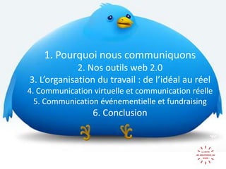cccc1. Pourquoi nous communiquons2. Nos outils web 2.03. L’organisation du travail : de l’idéal au réel4. Communication virtuelle et communication réelle5. Communication événementielle et fundraising6. Conclusion