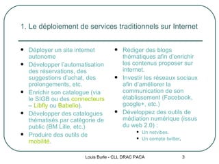 1. Le déploiement de services traditionnels sur Internet Déployer un site internet autonome Développer l’automatisation des réservations, des suggestions d’achat, des prolongements, etc. Enrichir son catalogue (via le SIGB ou des  connecteurs  –  Libfly  ou  Babelio ). Développer des catalogues thématisés par catégorie de public (BM Lille, etc.) Produire des outils de  mobilité . Rédiger des blogs thématiques afin d’enrichir les contenus proposer sur internet. Investir les réseaux sociaux afin d’améliorer la communication de son établissement (Facebook, google+, etc.) Développez des outils de médiation numérique (issus du web 2.0) : Un netvibes. Un compte twitter . Louis Burle - CLL DRAC PACA 