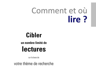 Comment et où
                           lire ?
       Cibler
    un nombre limité de

    lectures
         sur la base de


votre thème de recherche
 