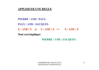 J. ROHMER ESILV S08 2012-2013
INTELLIGENCE ARTIFICIELLE
APPLIQUER UNE REGLE
PIERRE / AMI / PAUL
PAUL / AMI / JACQUES
X / AMI / Y et Y / AMI / Z => X / AMI / Z
Tout ceci implique:
PIERRE / AMI / JACQUES
13
 