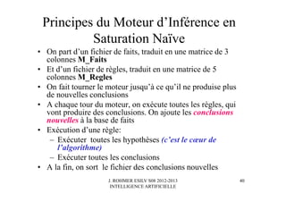 J. ROHMER ESILV S08 2012-2013
INTELLIGENCE ARTIFICIELLE
Principes du Moteur d’Inférence en
Saturation Naïve
• On part d’un fichier de faits, traduit en une matrice de 3
colonnes M_Faits
• Et d’un fichier de règles, traduit en une matrice de 5
colonnes M_Regles
• On fait tourner le moteur jusqu’à ce qu’il ne produise plus
de nouvelles conclusions
• A chaque tour du moteur, on exécute toutes les règles, qui
vont produire des conclusions. On ajoute les conclusions
nouvelles à la base de faits
• Exécution d’une règle:
– Exécuter toutes les hypothèses (c’est le cœur de
l’algorithme)
– Exécuter toutes les conclusions
• A la fin, on sort le fichier des conclusions nouvelles
40
 
