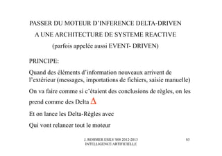 J. ROHMER ESILV S08 2012-2013
INTELLIGENCE ARTIFICIELLE
PASSER DU MOTEUR D’INFERENCE DELTA-DRIVEN
A UNE ARCHITECTURE DE SYSTEME REACTIVE
(parfois appelée aussi EVENT- DRIVEN)
PRINCIPE:
Quand des éléments d’information nouveaux arrivent de
l’extérieur (messages, importations de fichiers, saisie manuelle)
On va faire comme si c’étaient des conclusions de règles, on les
prend comme des Delta ∆∆∆∆
Et on lance les Delta-Règles avec
Qui vont relancer tout le moteur
85
 