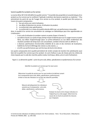 In Construire des indicateurs et tableaux de bord / dir. Pierre Carbone. - Paris - Tec et Document ; Villeurbanne :
Presses de l'ENSSIB, 2002. - (p. 205-218)
Suivre la qualité d’un produit ou d’un service
La norme Afnor NF X 50-120 définit la qualité comme “ l’ensemble des propriétés et caractéristiques d’un
produit ou d’un service qui lui confèrent l’aptitude à satisfaire des besoins exprimés ou implicites ”. Plus
précisément du point de vue de l’usager d’un service ou d’un produit, la qualité peut être perçue au
travers de quatre composantes :
1. Son prix et/ou son coût d’utilisation,
2. Les délais d’obtention du service, d’utilisation du produit,
3. La conformité à des spécifications,
4. La conformité à un niveau de qualité attendu défini par une performance mesurable.
Ainsi, la qualité d’un service de consultation du catalogue en bibliothèque peut être appréhendée en
s’intéressant :
 à son coût d’utilisation (à combien revient un poste d’opac à l’année ?),
 aux délais d’accès à un poste d’opac (temps moyen d’attente pour qu’un usager trouve un poste
libre), aux délais d’apprentissage (pour un primo-utilisateur) ou aux délais d’obtention des
résultats (combien de temps dure une consultation, combien d’écrans doit-on afficher ?),
 à diverses spécifications fonctionnelles (lisibilité de la cote et des mentions de localisation,
lisibilité du format d’affichage des notices ou des statuts…),
 et enfin aux performances que sont les taux de bruit et de silence.
Les quatre composantes de la qualité permettent de rendre compte de manière très satisfaisante aussi
bien de la qualité d’un service que d’un produit. Ce sont d’ailleurs à peu de choses près les critères de
choix imposés par le code des marchés publics (valeur technique, délais, prix et coût d’utilisation).
Figure 1. La démarche qualité : suivre les prix-coût, délais, spécifications et performances d’un service
Identifier le produit ou le service que l’on veut suivre
Déterminer la qualité de service que l’on veut rendre et la décliner suivant
les 4 composantes (prix-coût, délais, spécifications, performances).
Arrêter la liste des indicateurs et se fixer des objectifs quantifiés.
Mesurer périodiquement les indicateurs
associés aux 4 composantes : prix-coût,
délais, spécifications, performances
Analyser les écarts entre chaque indicateur et
l’objectif qui lui a été assigné. Déterminer les
causes de ces écarts et prendre les mesures
qui s’imposent.
 