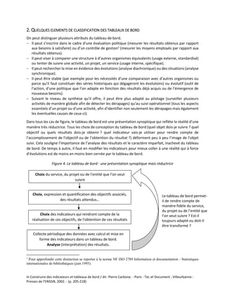 In Construire des indicateurs et tableaux de bord / dir. Pierre Carbone. - Paris - Tec et Document ; Villeurbanne :
Presses de l'ENSSIB, 2002. - (p. 205-218)
2. QUELQUES ELEMENTS DE CLASSIFICATION DES TABLEAUX DE BORD
On peut distinguer plusieurs attributs du tableau de bord.
 Il peut s’inscrire dans le cadre d’une évaluation politique (mesurer les résultats obtenus par rapport
aux besoins à satisfaire) ou d’un contrôle de gestion1
(mesurer les moyens employés par rapport aux
résultats obtenus).
 Il peut viser à comparer une structure à d’autres organismes équivalents (usage externe, standardisé)
ou tenter de suivre une activité, un projet, un service (usage interne, spécifique).
 Il peut rechercher la mise en évidence des évolutions (analyse diachronique) ou des situations (analyse
synchronique).
 Il peut être stable (par exemple pour les nécessités d’une comparaison avec d’autres organismes ou
parce qu’il faut constituer des séries historiques qui dégageront les évolutions) ou évolutif (outil de
l’action, d’une politique que l’on adapte en fonction des résultats déjà acquis ou de l’émergence de
nouveaux besoins).
 Suivant le niveau de synthèse qu’il offre, il peut être plus adapté au pilotage (surveiller plusieurs
activités de manière globale afin de détecter les dérapages) qu’au suivi opérationnel (tous les aspects
essentiels d’un projet ou d’une activité, afin d’identifier non seulement les dérapages mais également
les éventuelles causes de ceux-ci).
Dans tous les cas de figure, le tableau de bord est une présentation synoptique qui reflète la réalité d’une
manière très réductrice. Tous les choix de conception du tableau de bord (quel objet dois-je suivre ? quel
objectif ou quels résultats dois-je obtenir ? quel indicateur vais-je utiliser pour rendre compte de
l’accomplissement de l’objectif ou de l’obtention du résultat ?) déforment peu à peu l’image de l’objet
suivi. Cela souligne l’importance de l’analyse des résultats et le caractère imparfait, inachevé du tableau
de bord. De temps à autre, il faut en modifier les indicateurs pour mieux coller à une réalité qui à force
d’évolutions est de moins en moins bien cernée par le tableau de bord.
Figure 4. Le tableau de bord : une présentation synoptique mais réductrice
1
Pour approfondir cette distinction se reporter à la norme NF ISO 2789 Information et documentation - Statistiques
internationales de bibliothèques (juin 1995).
Choix du service, du projet ou de l’entité que l’on veut
suivre
Choix, expression et quantification des objectifs associés,
des résultats attendus…
Choix des indicateurs qui rendront compte de la
réalisation de ces objectifs, de l’obtention de ces résultats
Collecte périodique des données avec calcul et mise en
forme des indicateurs dans un tableau de bord.
Analyse (interprétation) des résultats.
Le tableau de bord permet-
il de rendre compte de
manière fidèle du service,
du projet ou de l’entité que
l’on veut suivre ? Est-il
toujours adapté ou doit-il
être transformé ?
 