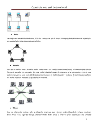 Construir una red de área local




         Anillo

Se integra a la Red en forma de anillo o circulo. Este tipo de Red es de poco uso ya que depende solo de la principal,
en caso de fallas todas las estaciones sufrirían.




        Estrella:

Una red en estrella consta de varios nodos conectados a una computadora central (HUB), en una configuración con
forma de estrella. Los mensajes de cada nodo individual pasan directamente a la computadora central, que
determinará, en su caso, hacia dónde debe encaminarlos s de fácil instalación y si alguna de las instalaciones fallas
las demás no serán afectadas ya que tiene un limitante.




        Maya:

Una red altamente costosa solo la utilizan las empresas que siempre están utilizando la red y no requieren
tener fallas en su lugar de trabajo. Están conectadas todas entre si esto que quiere decir que si fallo un nodo

                                                                                                              5
 