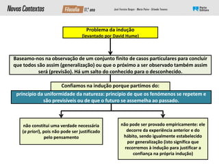 Problema da indução
(levantado por David Hume)
Baseamo-nos na observação de um conjunto finito de casos particulares para concluir
que todos são assim (generalização) ou que o próximo a ser observado também assim
será (previsão). Há um salto do conhecido para o desconhecido.
Confiamos na indução porque partimos do:
princípio da uniformidade da natureza: princípio de que os fenómenos se repetem e
são previsíveis ou de que o futuro se assemelha ao passado.
não constitui uma verdade necessária
(a priori), pois não pode ser justificado
pelo pensamento
não pode ser provado empiricamente: ele
decorre da experiência anterior e do
hábito, sendo igualmente estabelecido
por generalização (isto significa que
recorremos à indução para justificar a
confiança na própria indução)
 