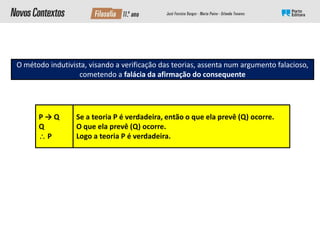 O método indutivista, visando a verificação das teorias, assenta num argumento falacioso,
cometendo a falácia da afirmação do consequente
Se a teoria P é verdadeira, então o que ela prevê (Q) ocorre.
O que ela prevê (Q) ocorre.
Logo a teoria P é verdadeira.
P → Q
Q
 P
 